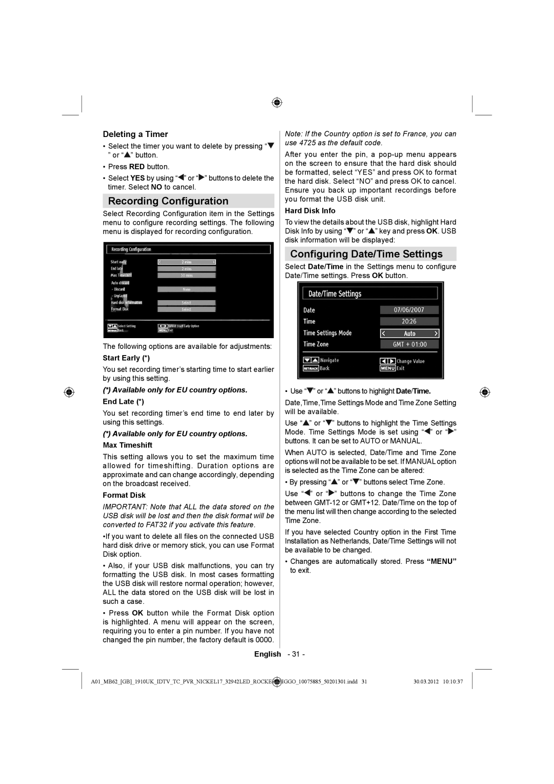 Sharp LC-32LE140E operation manual Recording Conﬁguration, Conﬁguring Date/Time Settings, Deleting a Timer 