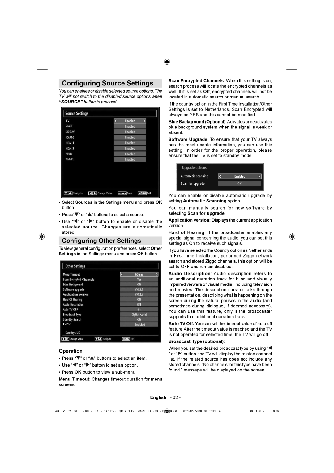 Sharp LC-32LE140E Conﬁguring Source Settings, Conﬁguring Other Settings, Operation, Broadcast Type optional 