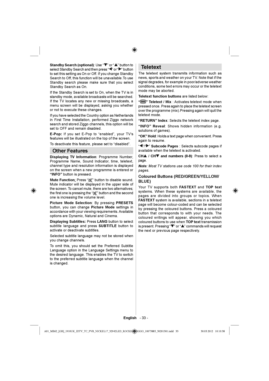 Sharp LC-32LE140E operation manual Teletext, Other Features, Coloured Buttons RED/GREEN/YELLOW/ Blue 