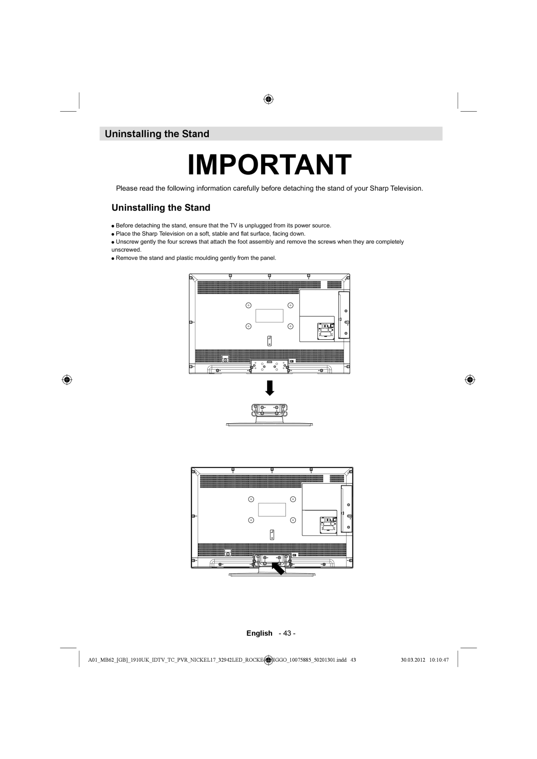 Sharp LC-32LE140E operation manual Uninstalling the Stand 