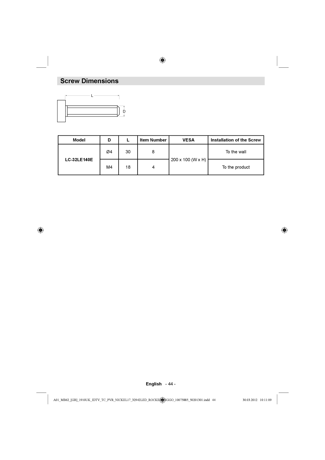 Sharp LC-32LE140E operation manual Screw Dimensions, Model 