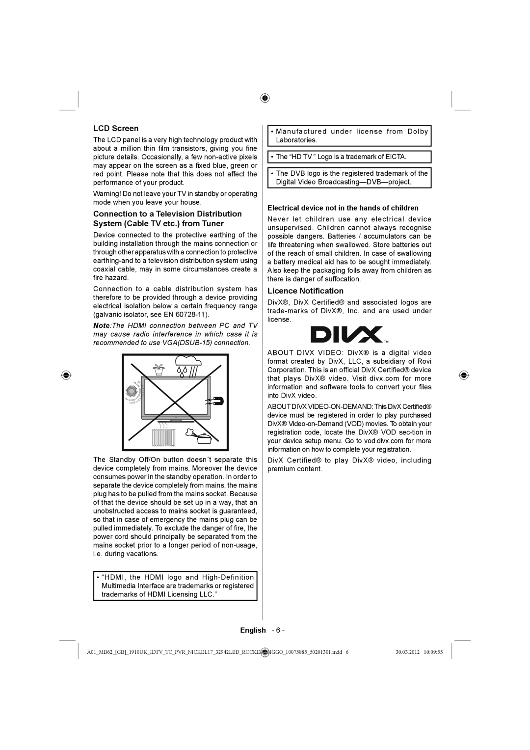 Sharp LC-32LE140E operation manual LCD Screen, Licence Notiﬁcation, Electrical device not in the hands of children 