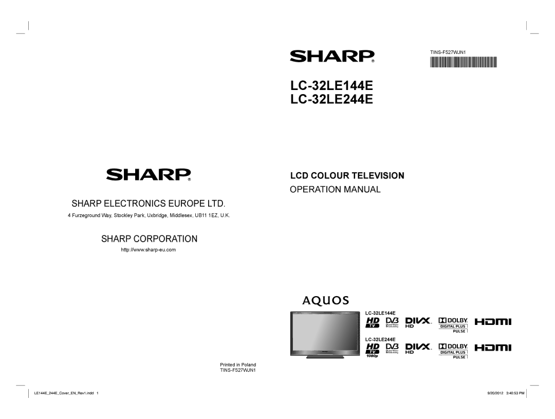 Sharp operation manual LC-32LE144E LC-32LE244E 