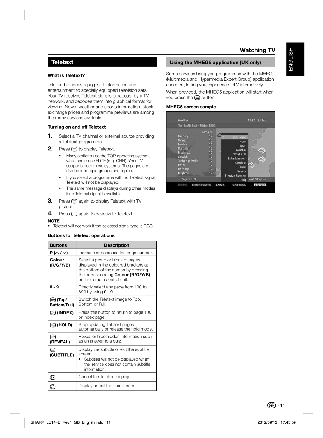 Sharp LC-32LE244E, LC-32LE144E operation manual Teletext, Using the MHEG5 application UK only 