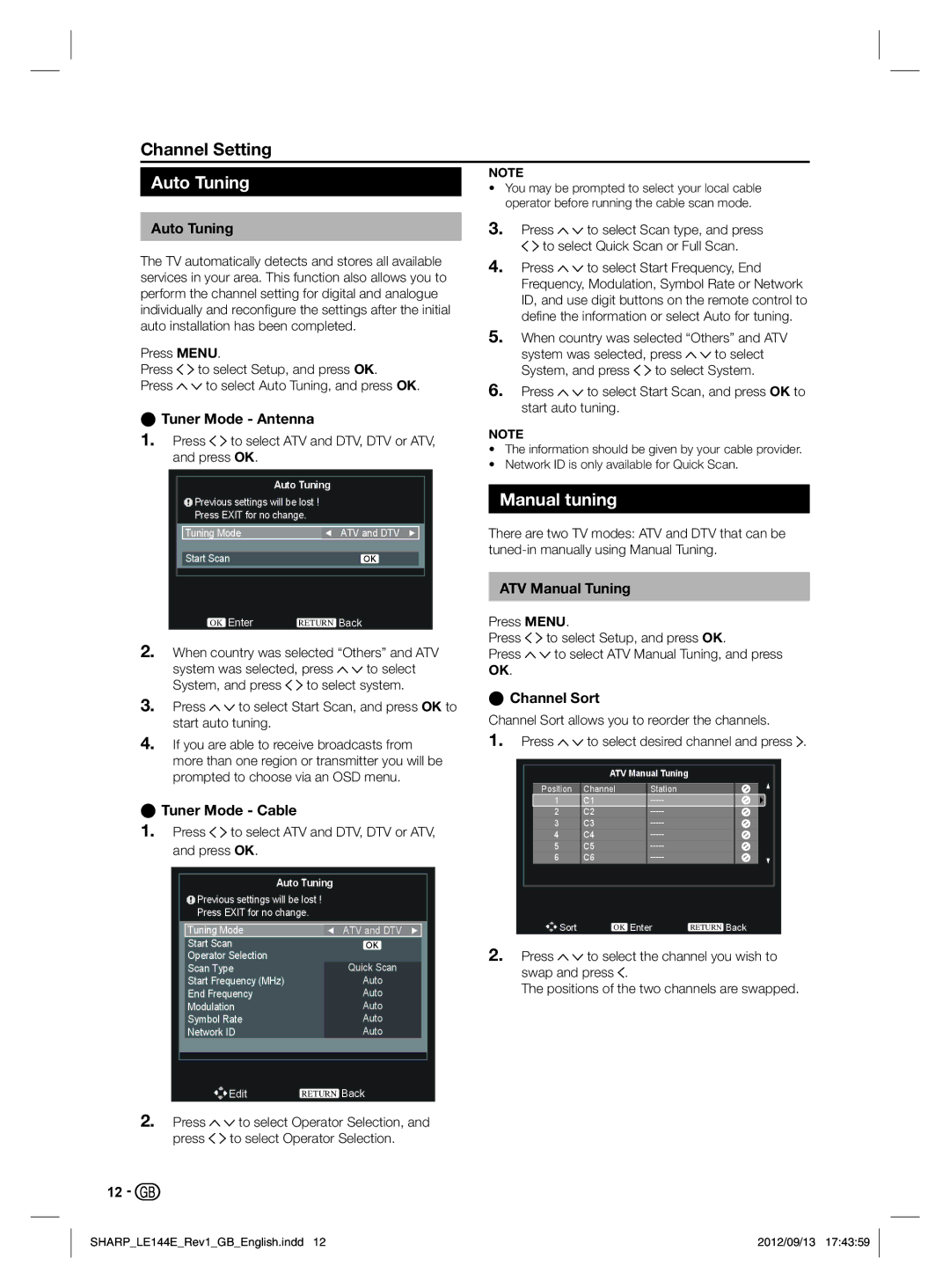 Sharp LC-32LE144E, LC-32LE244E operation manual Manual tuning 