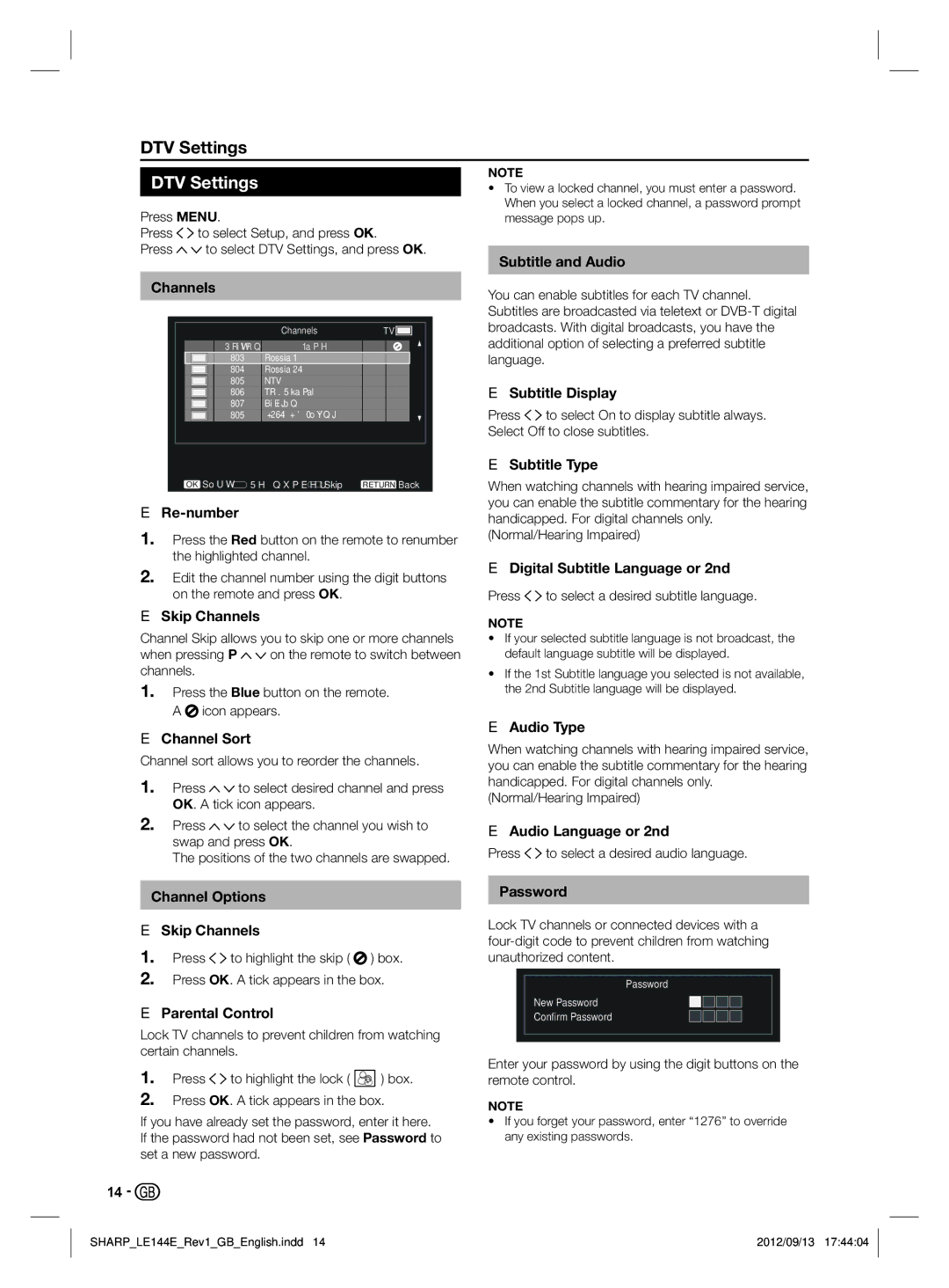 Sharp LC-32LE144E, LC-32LE244E operation manual DTV Settings 