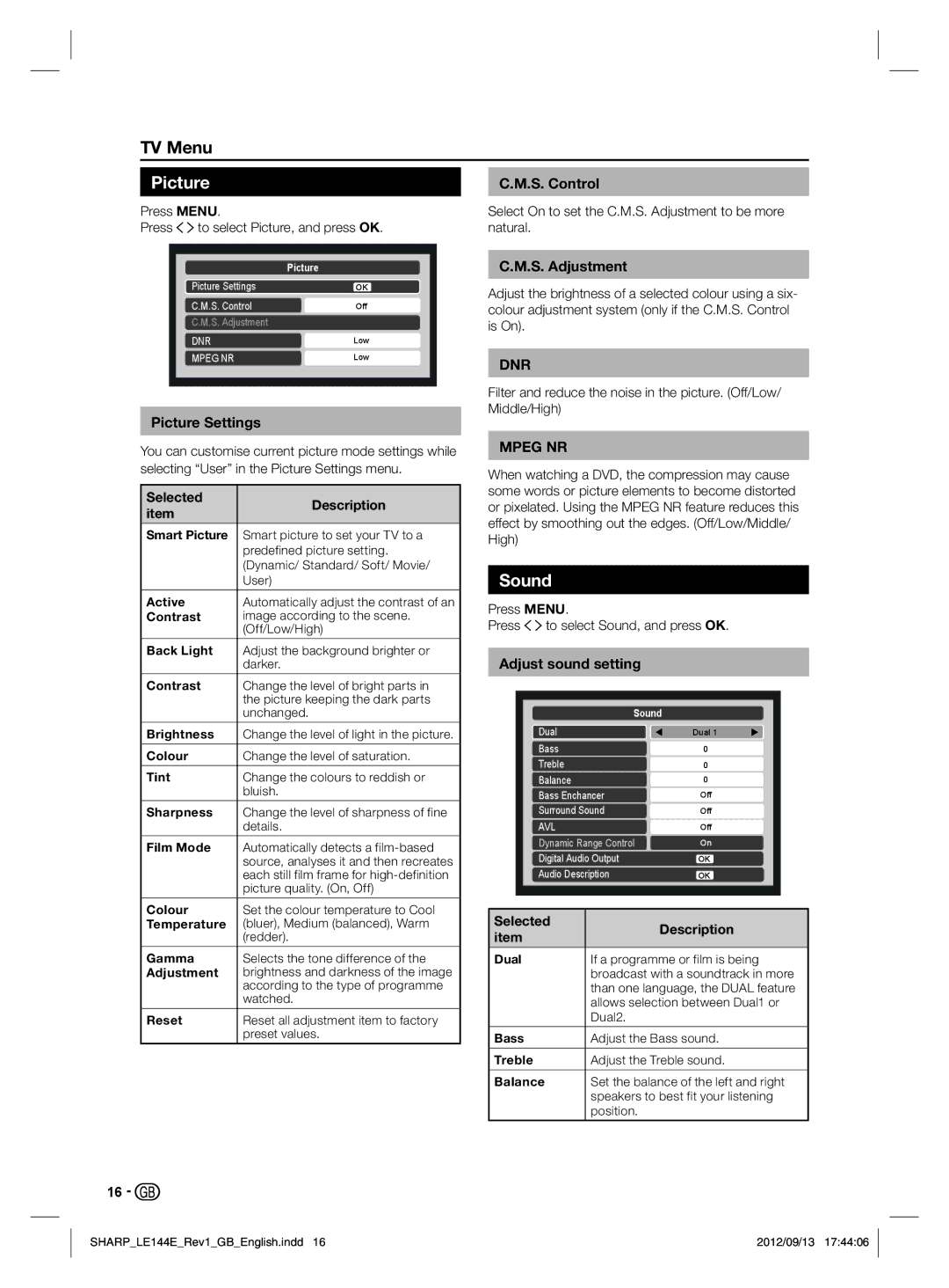 Sharp LC-32LE144E, LC-32LE244E operation manual Picture, Sound 