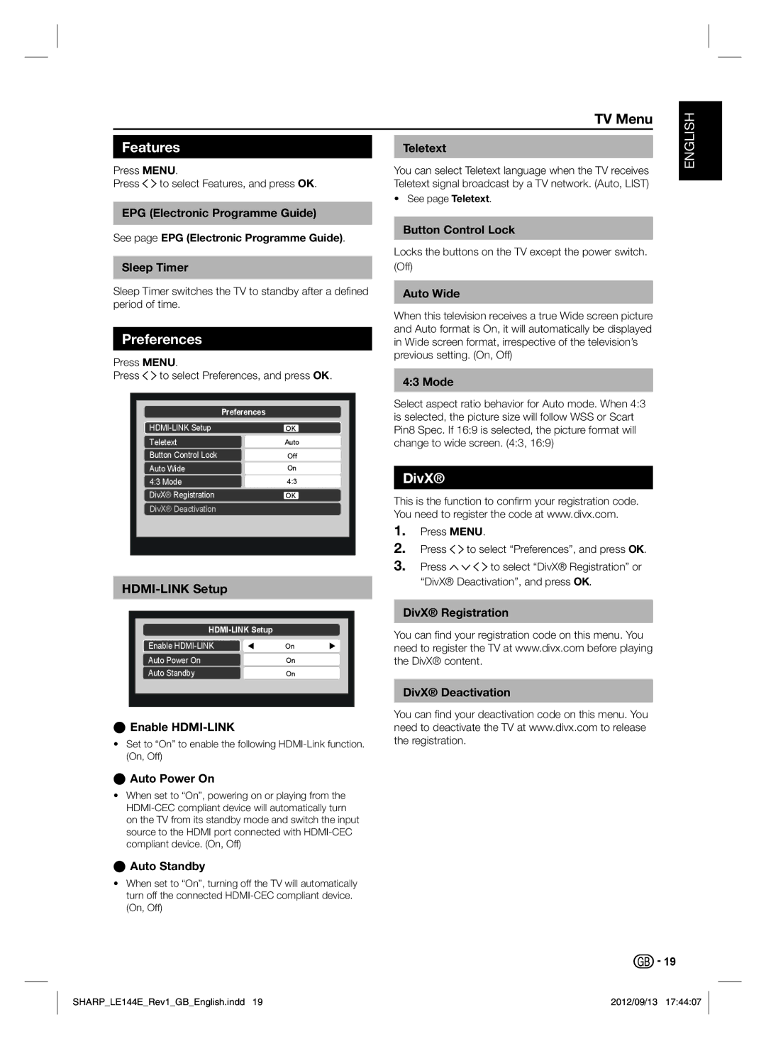 Sharp LC-32LE244E, LC-32LE144E operation manual Features, Preferences, DivX, HDMI-LINK Setup 