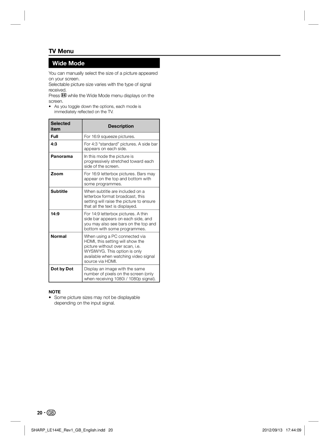 Sharp LC-32LE144E, LC-32LE244E operation manual Wide Mode 