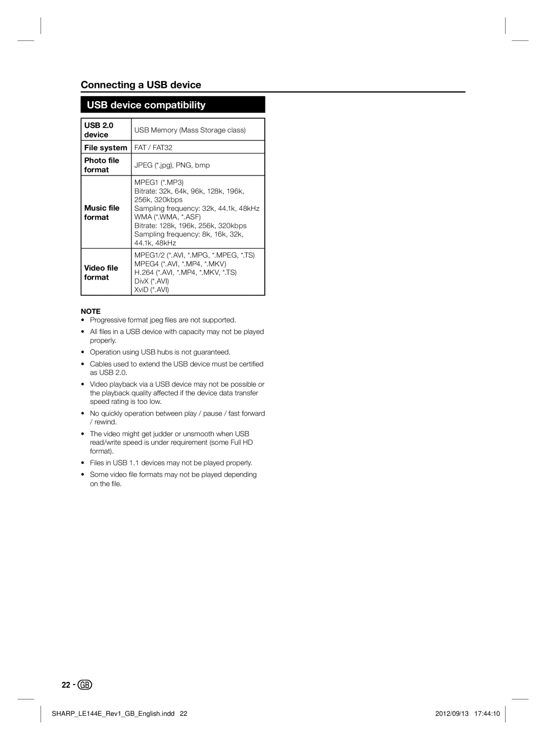 Sharp LC-32LE144E, LC-32LE244E operation manual USB device compatibility 