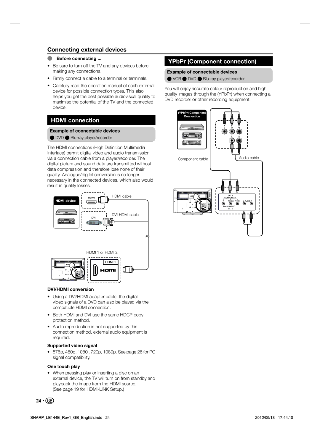 Sharp LC-32LE144E, LC-32LE244E operation manual YPbPr Component connection, Hdmi connection 