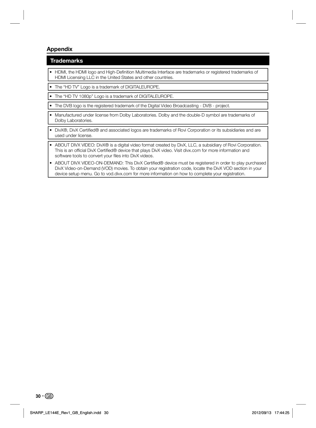 Sharp LC-32LE144E, LC-32LE244E operation manual Trademarks 