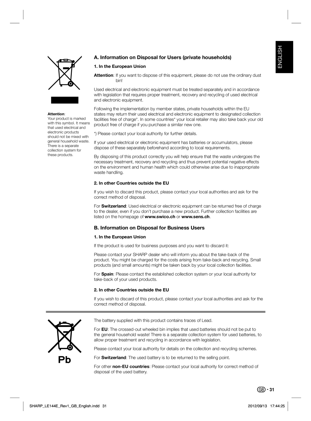 Sharp LC-32LE244E Information on Disposal for Users private households, Information on Disposal for Business Users 