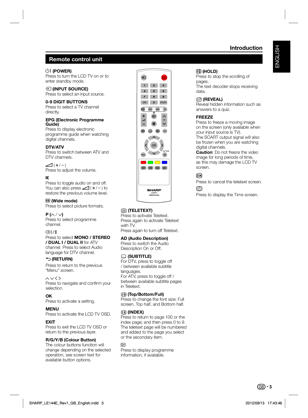 Sharp LC-32LE244E, LC-32LE144E operation manual Remote control unit 