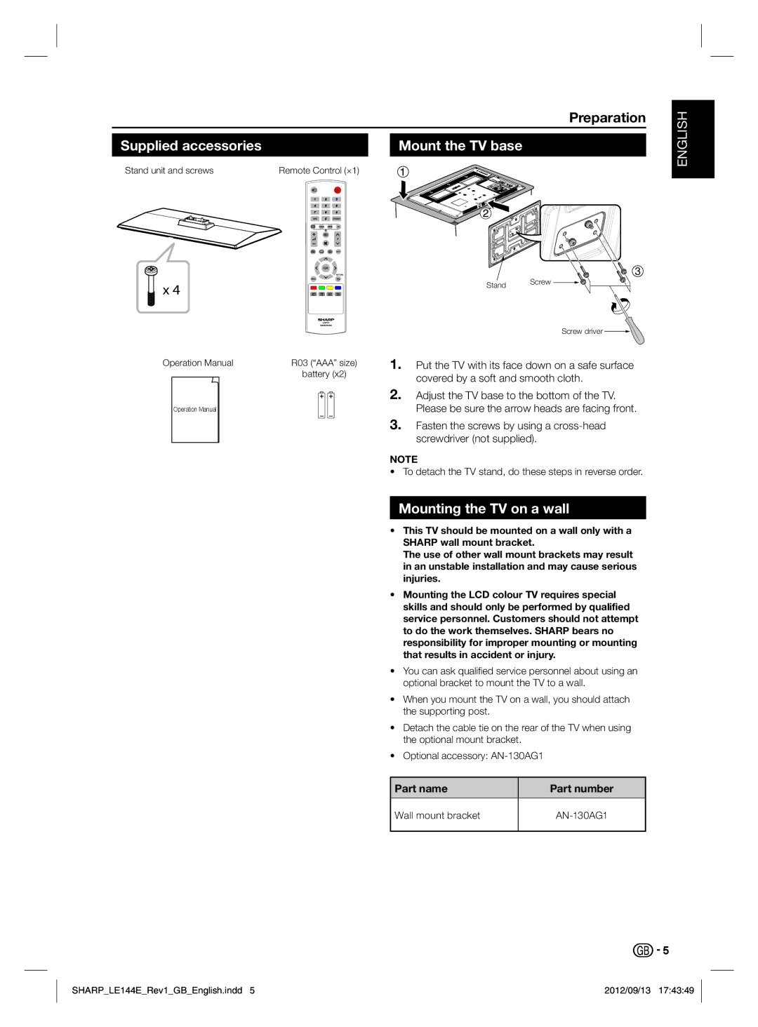 Sharp LC-32LE244E, LC-32LE144E operation manual Supplied accessories Mount the TV base, Part number 