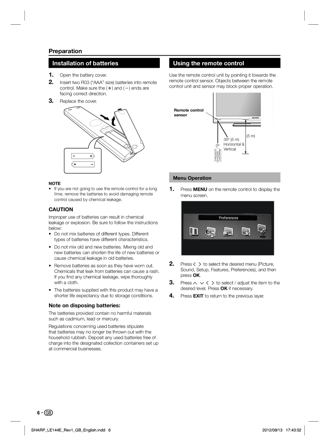 Sharp LC-32LE144E, LC-32LE244E operation manual Installation of batteries Using the remote control, Menu Operation 