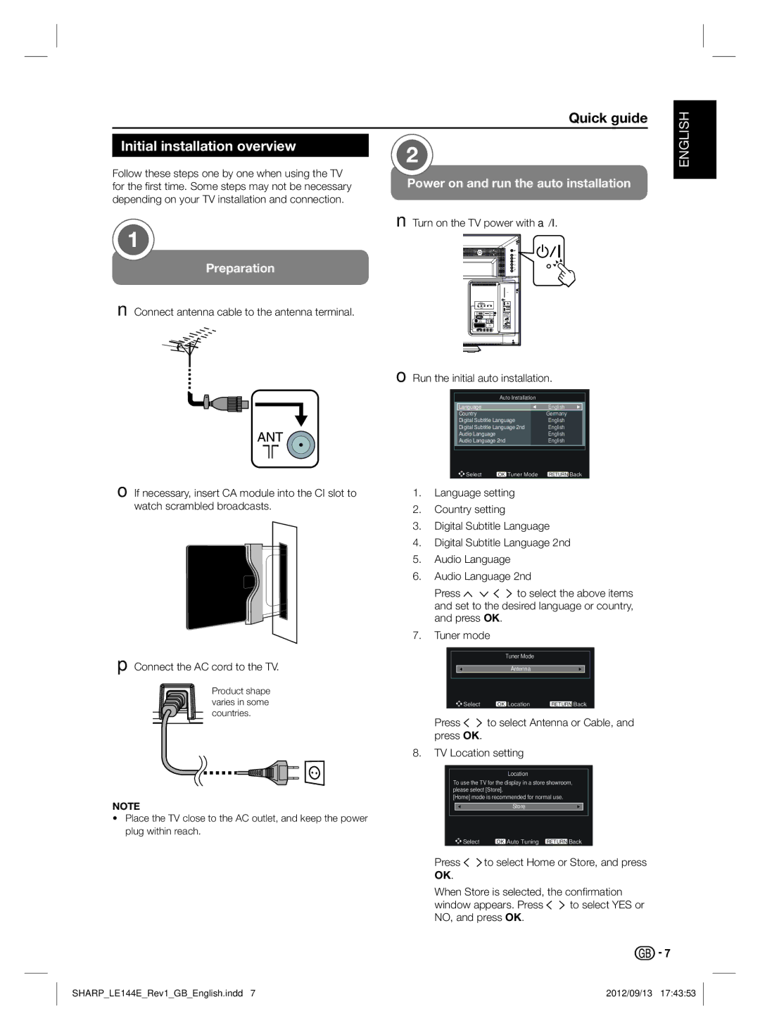 Sharp LC-32LE244E, LC-32LE144E operation manual Initial installation overview, Preparation 