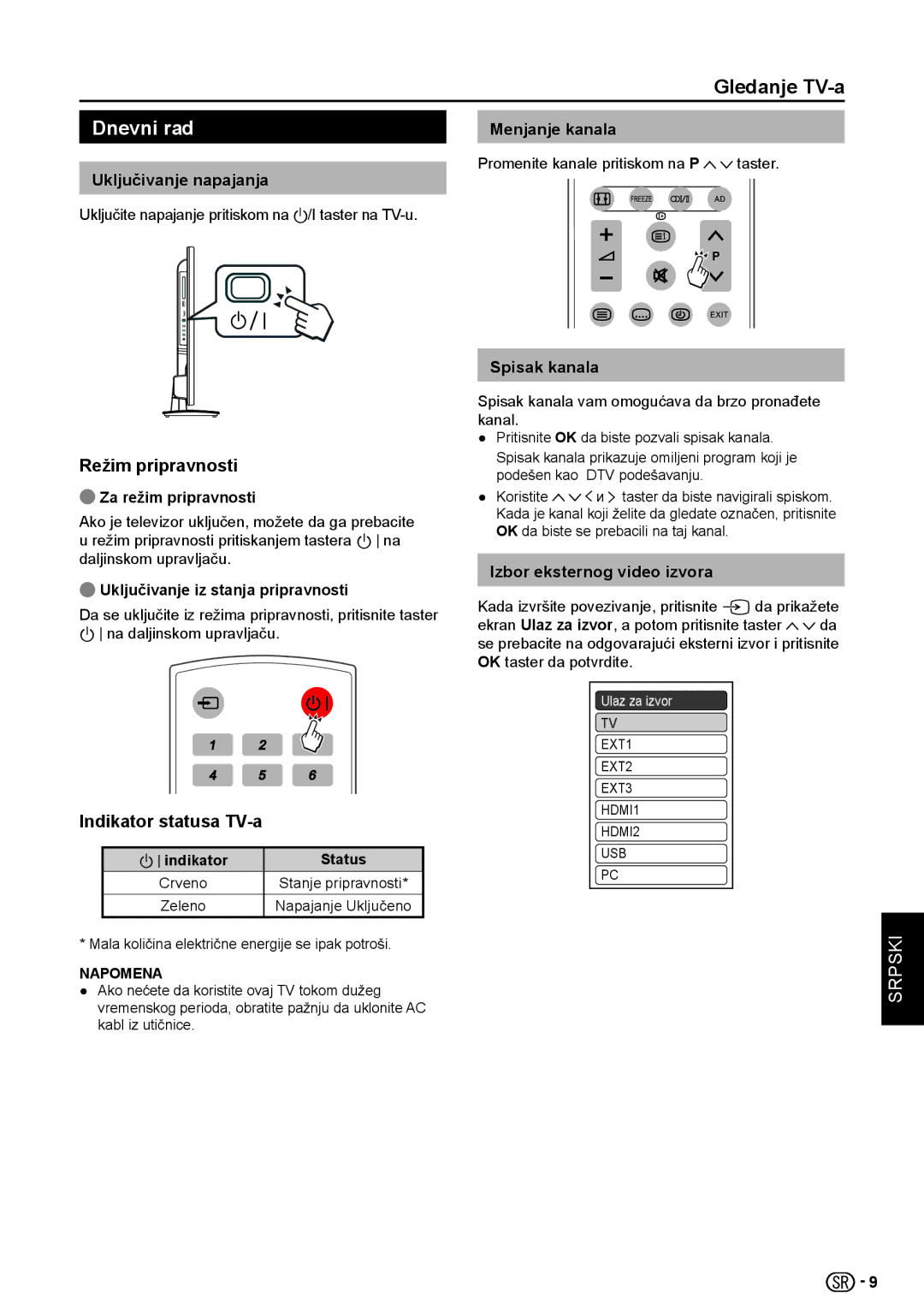 Sharp LC-32LE154V, LC-32LE154E manual Dnevni rad, Režim pripravnosti, Indikator statusa TV-a 