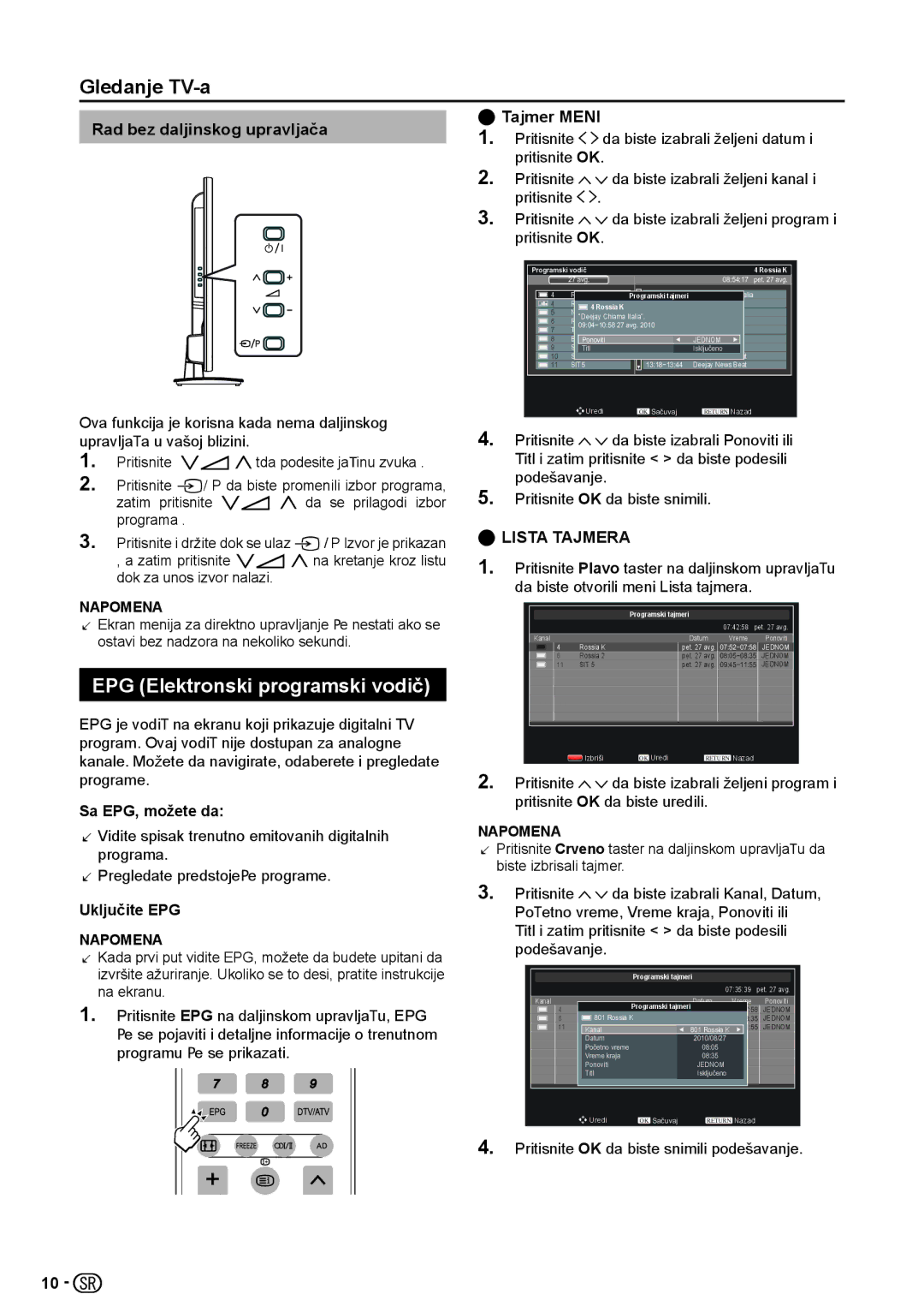 Sharp LC-32LE154E manual EPG Elektronski programski vodič, Rad bez daljinskog upravljača, Tajmer Meni, Sa EPG, možete da 