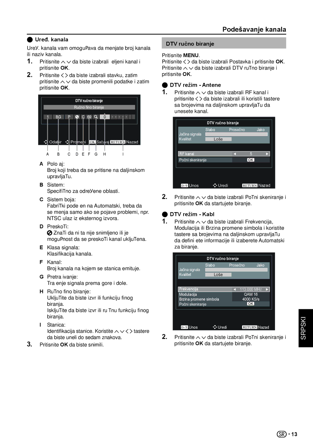 Sharp LC-32LE154V, LC-32LE154E manual Uređ. kanala, DTV ručno biranje, DTV režim Antene, DTV režim Kabl 