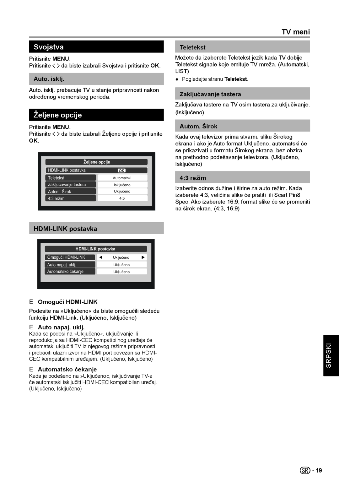 Sharp LC-32LE154V, LC-32LE154E manual Svojstva, Željene opcije, HDMI-LINK postavka 