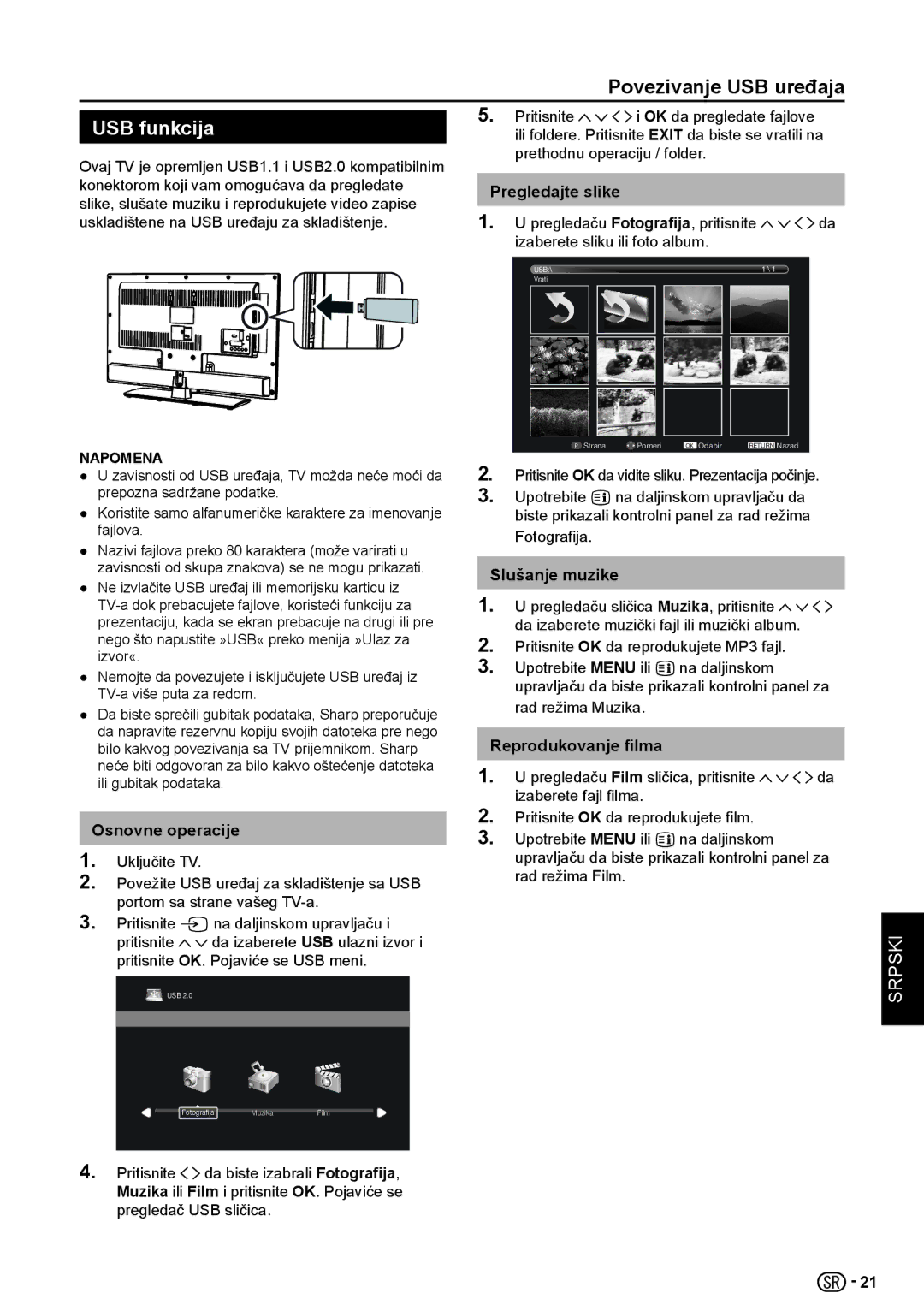 Sharp LC-32LE154V, LC-32LE154E USB funkcija, Pregledajte slike, Osnovne operacije, Slušanje muzike, Reprodukovanje filma 