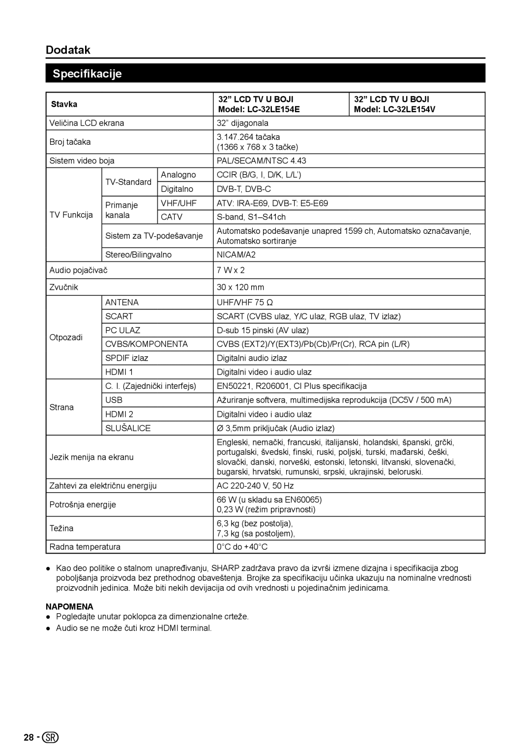 Sharp manual Specifikacije, Stavka, Model LC-32LE154E Model LC-32LE154V 