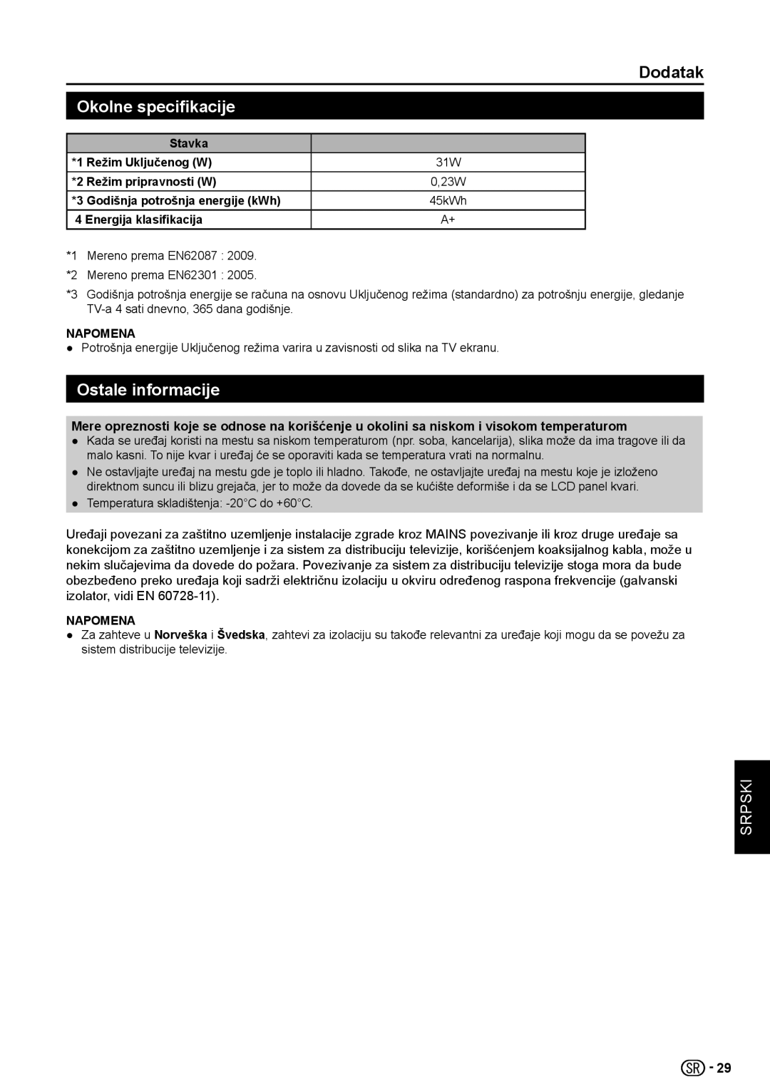 Sharp LC-32LE154V, LC-32LE154E Okolne specifikacije, Ostale informacije, Stavka Režim Uključenog W, Režim pripravnosti W 