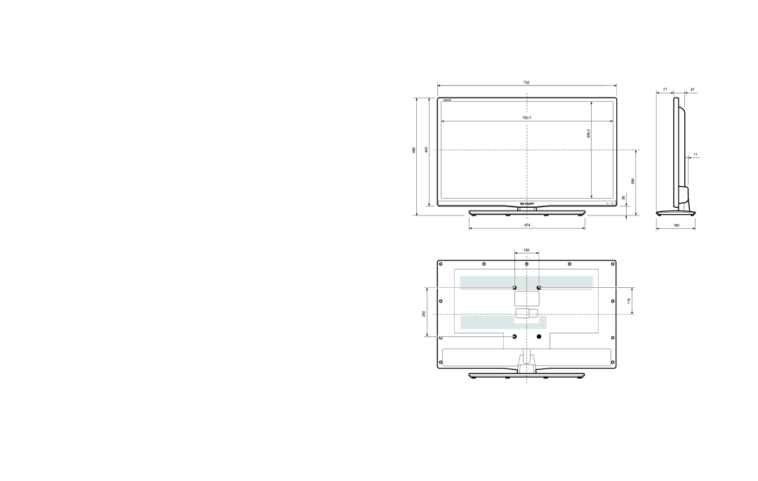 Sharp LC-32LE154E, LC-32LE154V manual 732 700.7 395.3 480 442 266 474 100 110 200 7147 160 