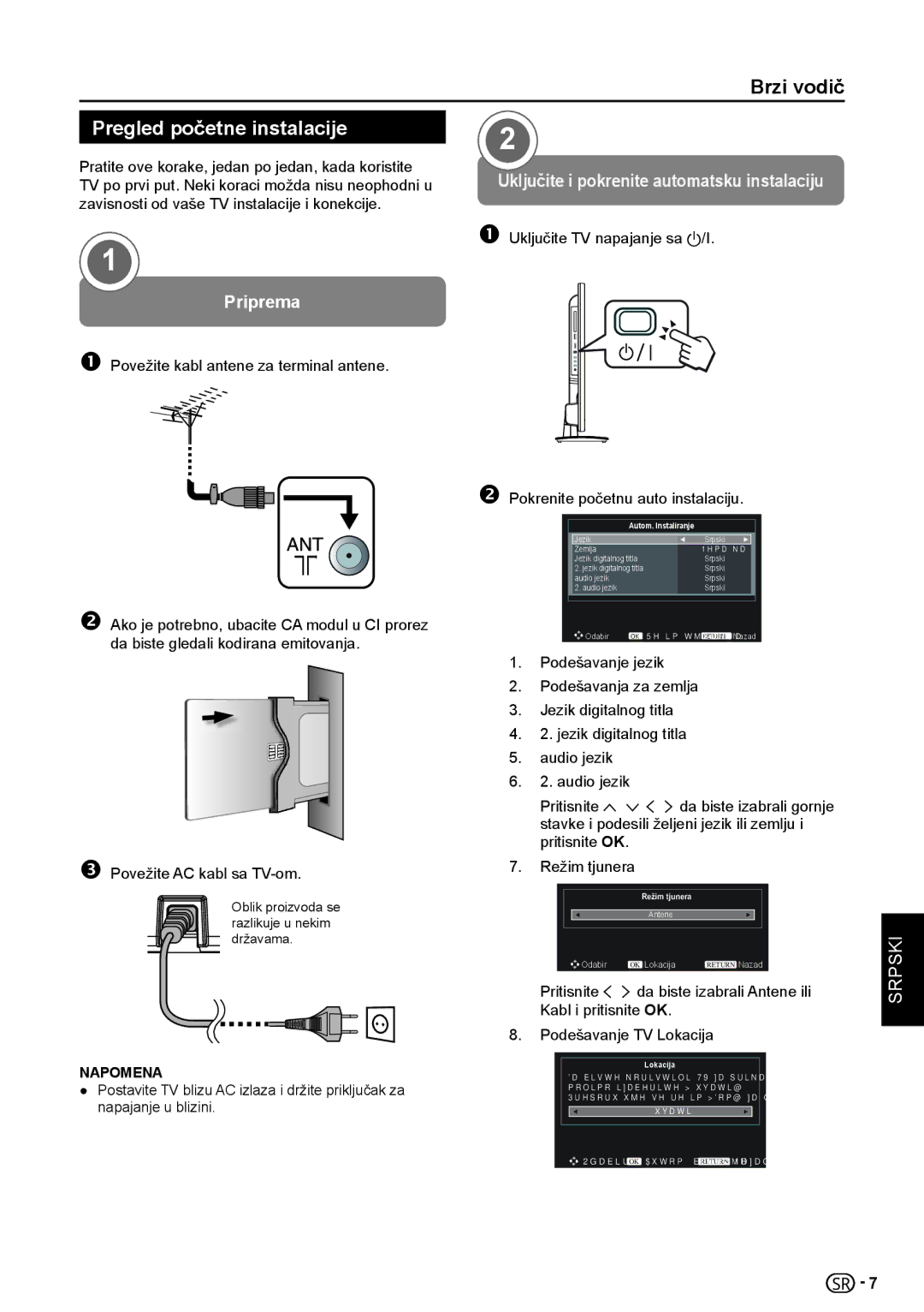 Sharp LC-32LE154V, LC-32LE154E manual Pregled početne instalacije, Priprema 