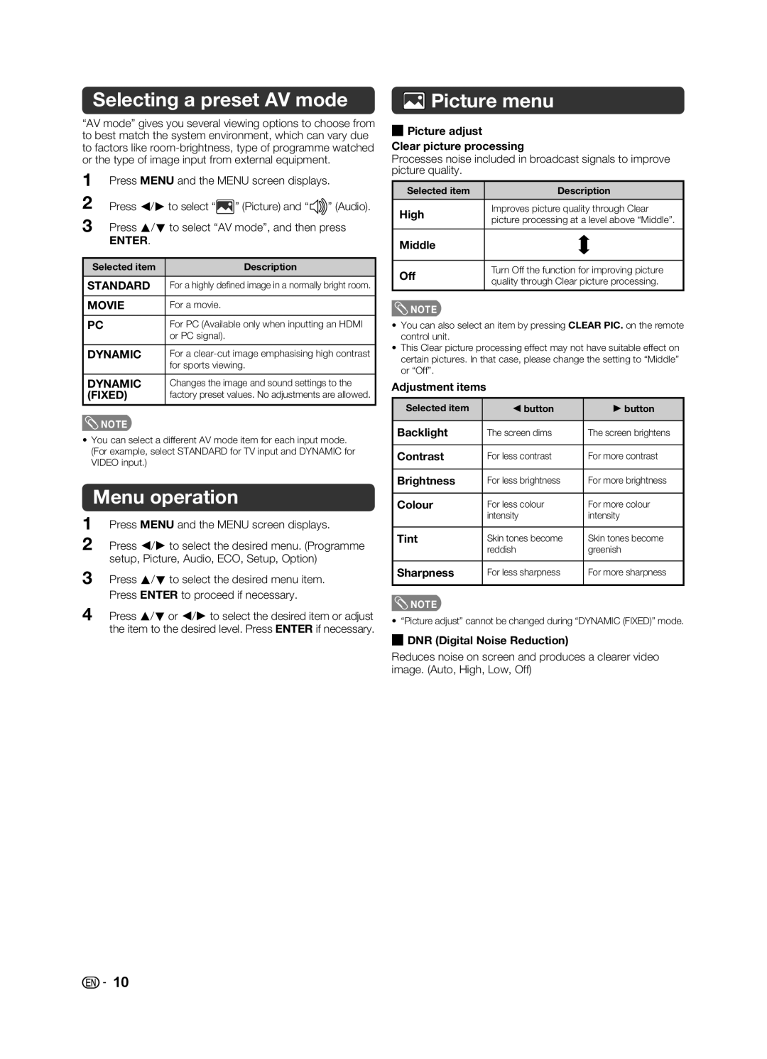 Sharp LC-32LE155X, LC-39LE155X operation manual Selecting a preset AV mode, Menu operation, Picture menu 