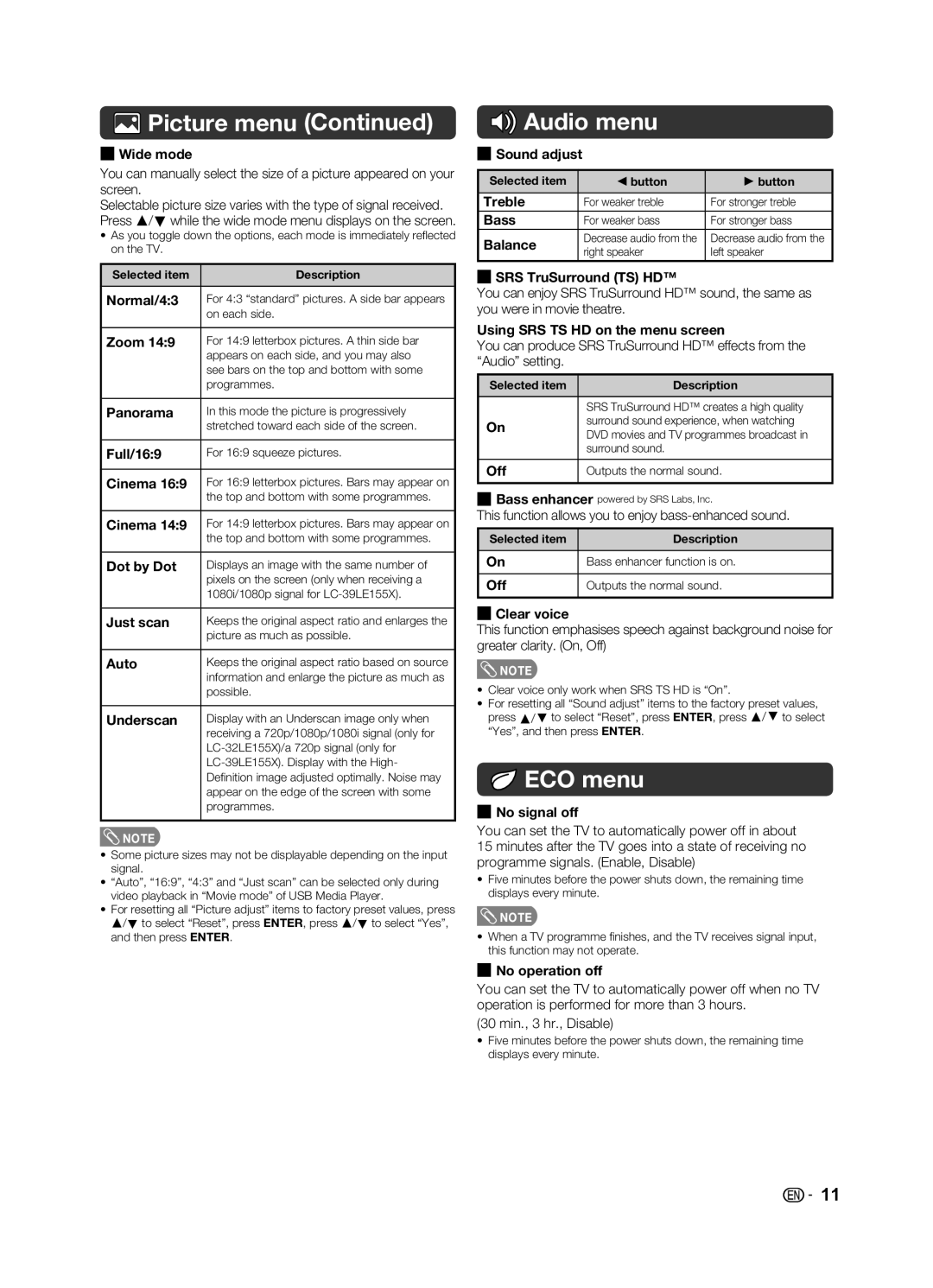 Sharp LC-39LE155X, LC-32LE155X operation manual Audio menu, ECO menu 