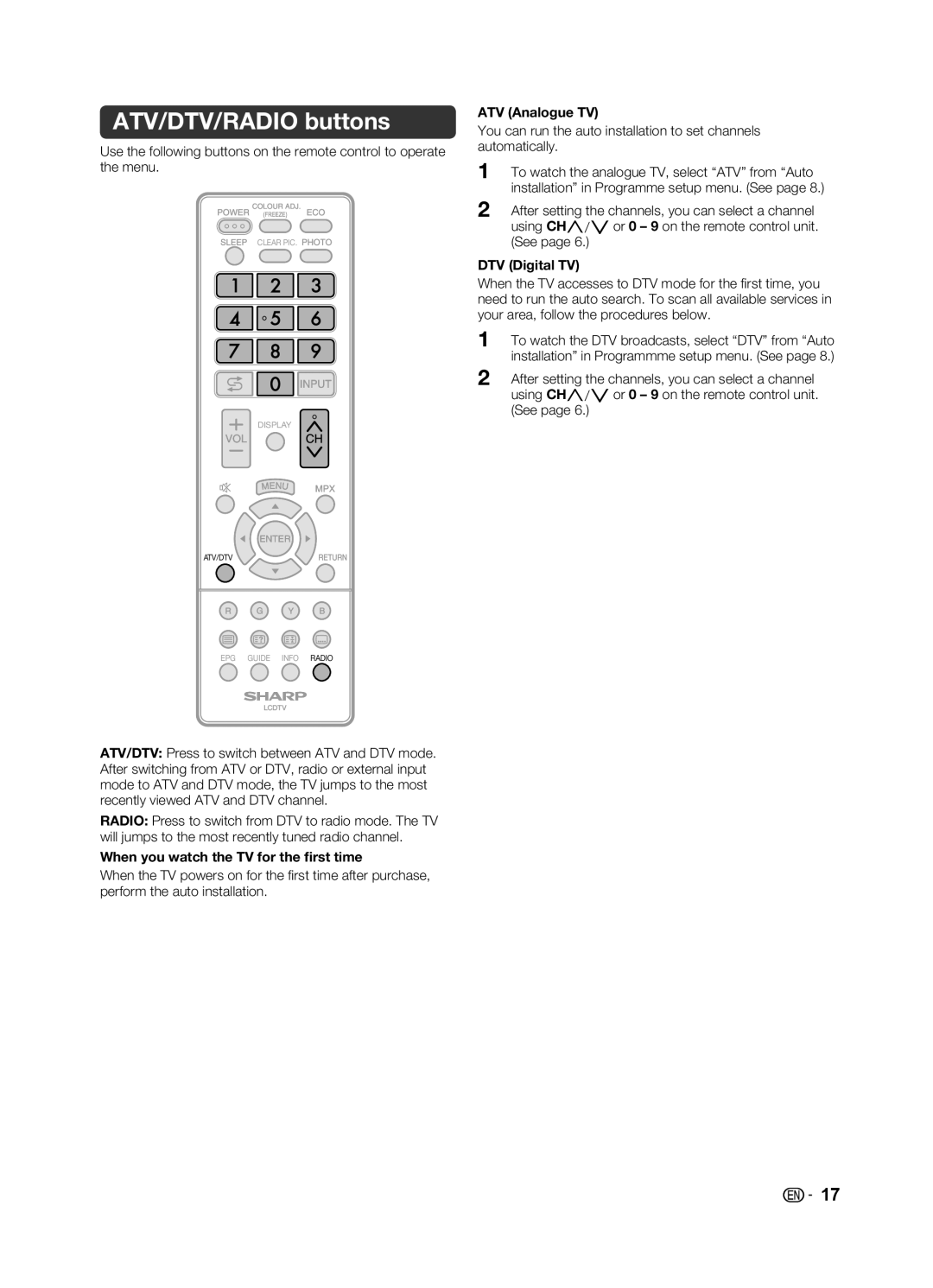 Sharp LC-39LE155X ATV/DTV/RADIO buttons, When you watch the TV for the ﬁrst time, ATV Analogue TV, DTV Digital TV 