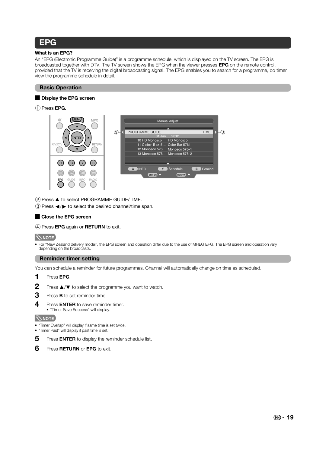 Sharp LC-39LE155X Basic Operation, Reminder timer setting, What is an EPG?, Display the EPG screen, Close the EPG screen 