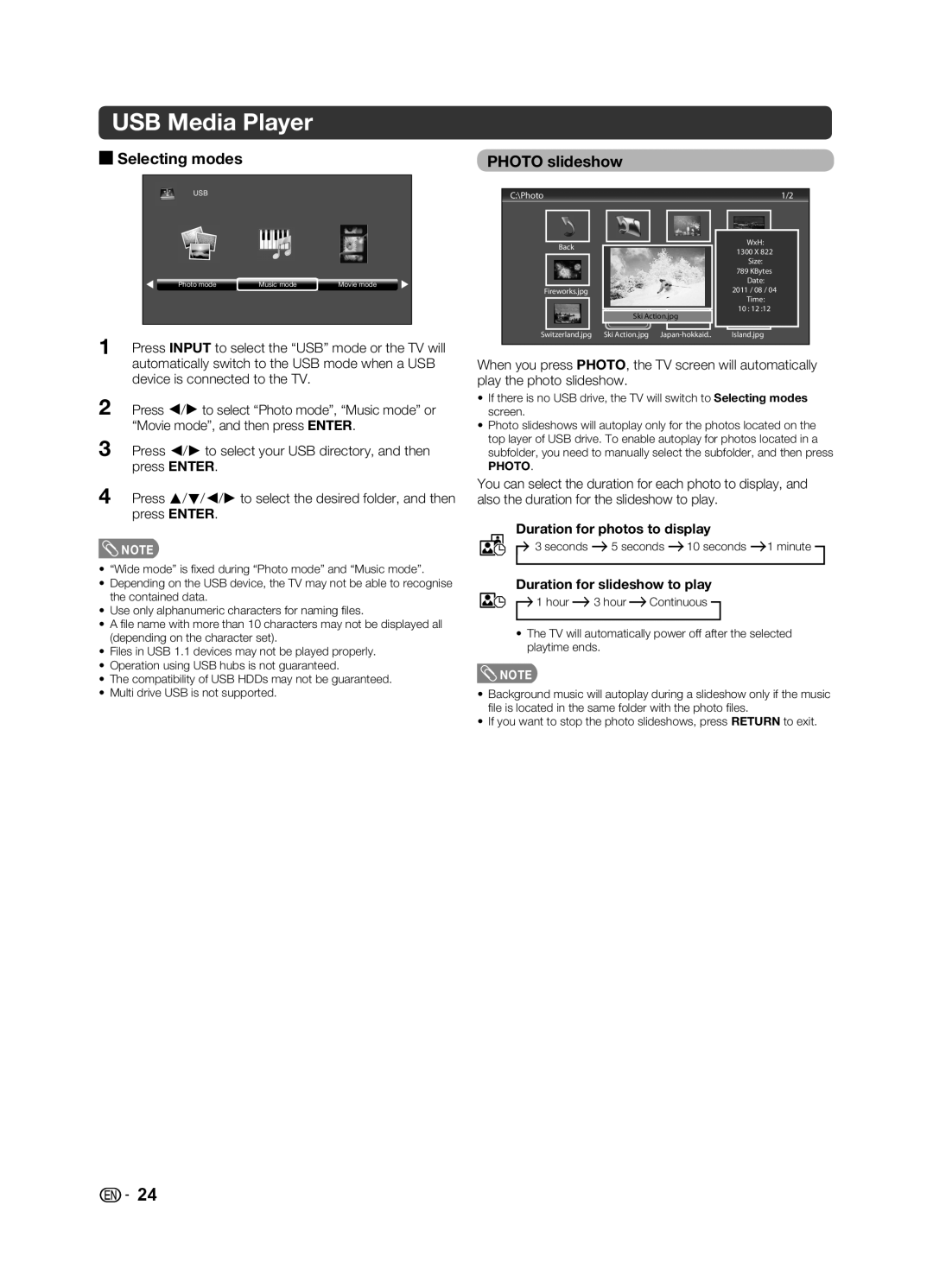 Sharp LC-32LE155X, LC-39LE155X USB Media Player, Selecting modes Photo slideshow, Duration for photos to display 