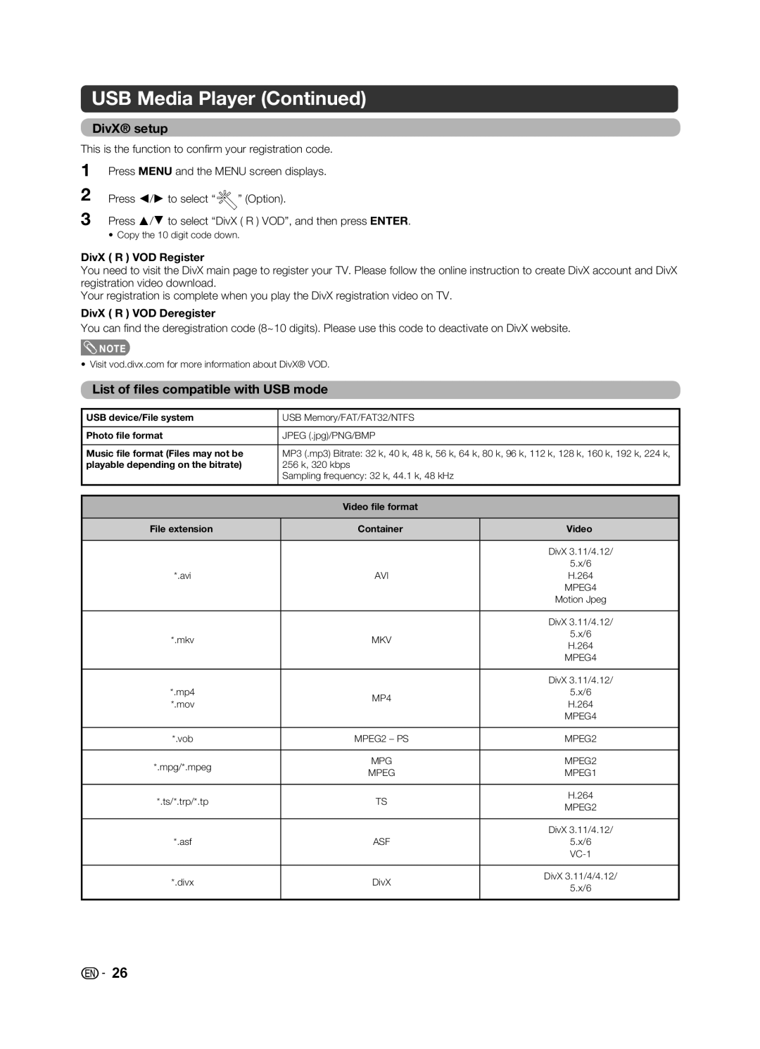 Sharp LC-32LE155X DivX setup, List of ﬁles compatible with USB mode, DivX R VOD Register, DivX R VOD Deregister 