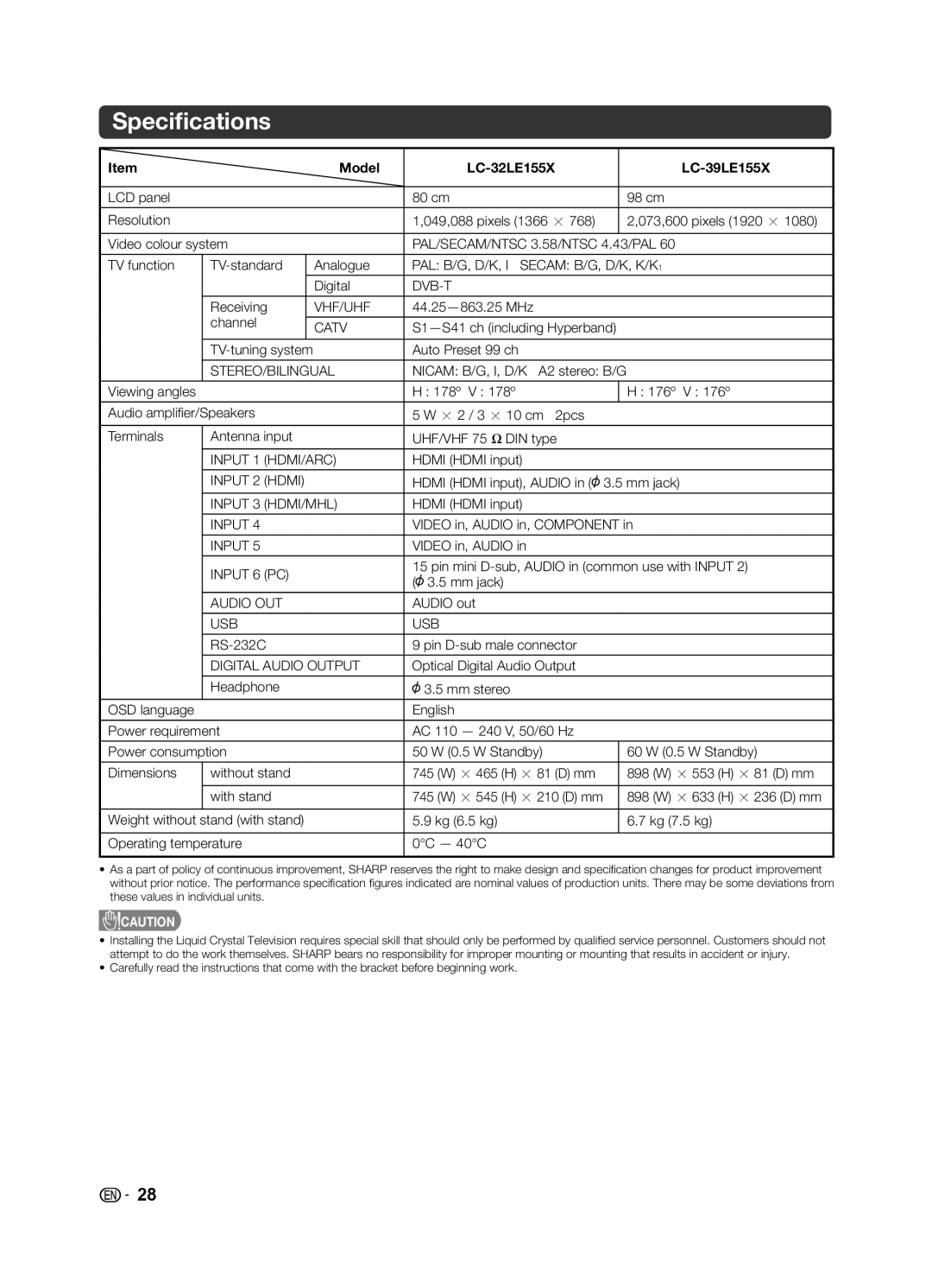 Sharp operation manual Speciﬁcations, Model LC-32LE155X LC-39LE155X 