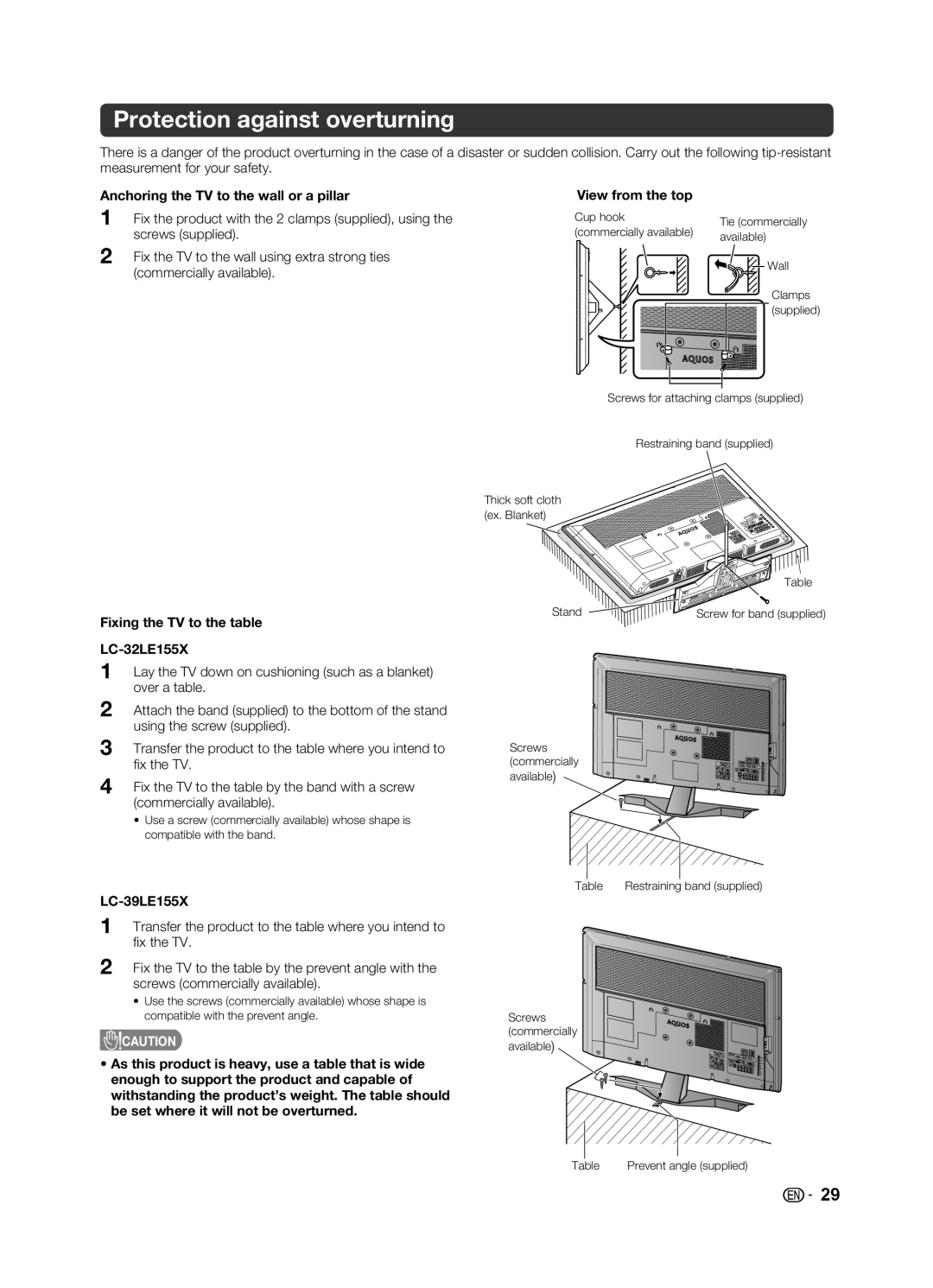 Sharp LC-39LE155X, LC-32LE155X operation manual Protection against overturning, Anchoring the TV to the wall or a pillar 