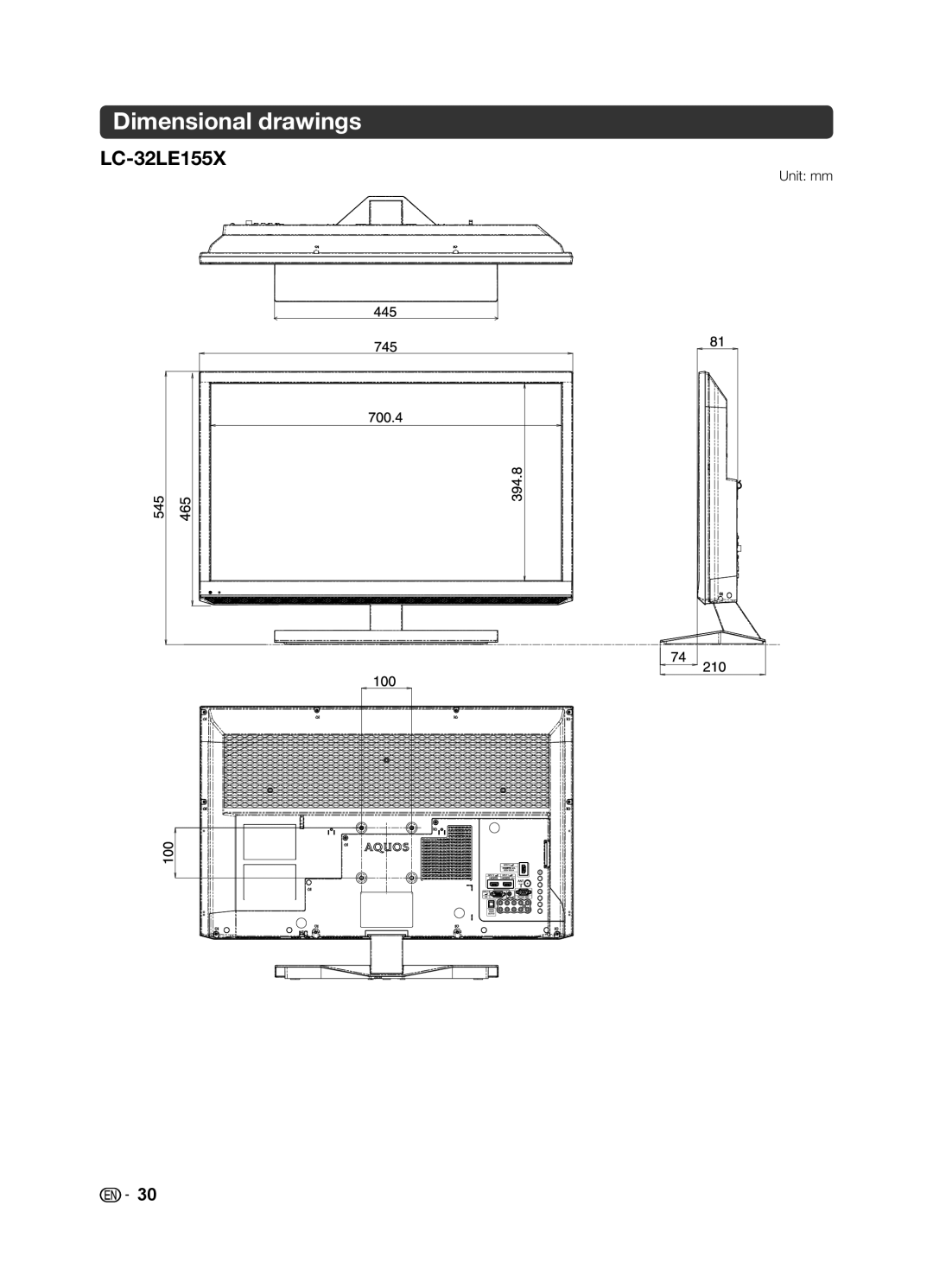 Sharp LC-32LE155X, LC-39LE155X operation manual Dimensional drawings, Unit mm 