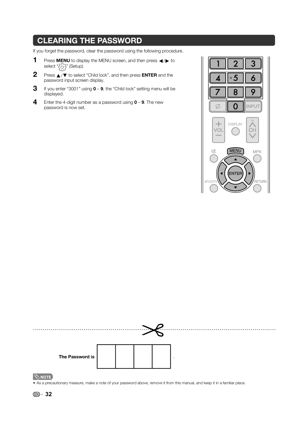 Sharp LC-32LE155X, LC-39LE155X operation manual Clearing the Password, Password is 