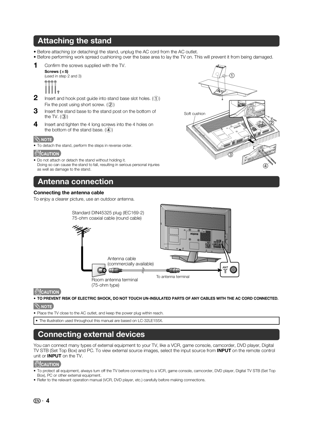 Sharp LC-32LE155X Attaching the stand, Antenna connection, Connecting external devices, Room antenna terminal 75-ohm type 