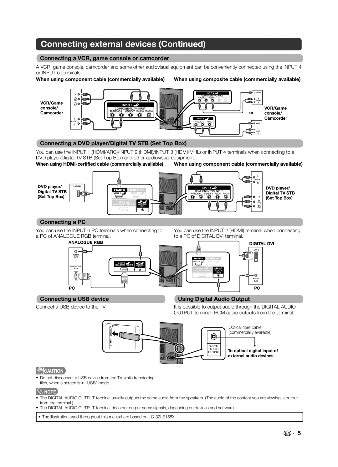 Sharp LC-39LE155X Connecting a VCR, game console or camcorder, Connecting a DVD player/Digital TV STB Set Top Box 