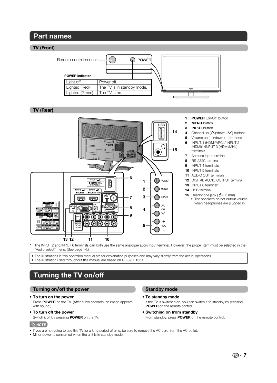 Sharp LC-39LE155X, LC-32LE155X operation manual Part names, Turning the TV on/off 