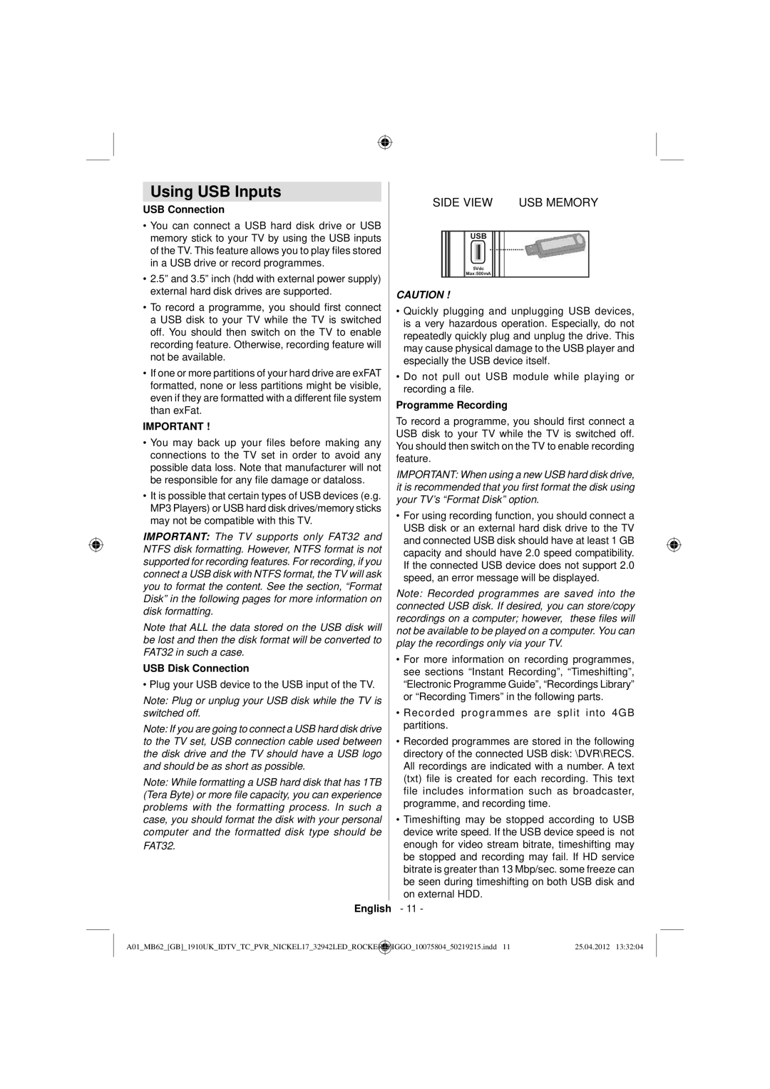 Sharp LC-32LE240E Using USB Inputs, USB Connection, USB Disk Connection, Plug your USB device to the USB input of the TV 