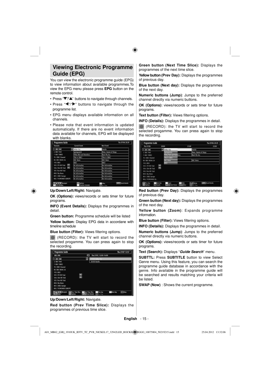 Sharp LC-32LE240E operation manual Viewing Electronic Programme Guide EPG, Up/Down/Left/Right Navigate 