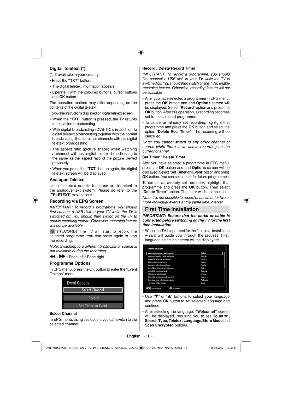 Sharp LC-32LE240E operation manual First Time Installation, Digital Teletext, Analogue Teletext, Recording via EPG Screen 