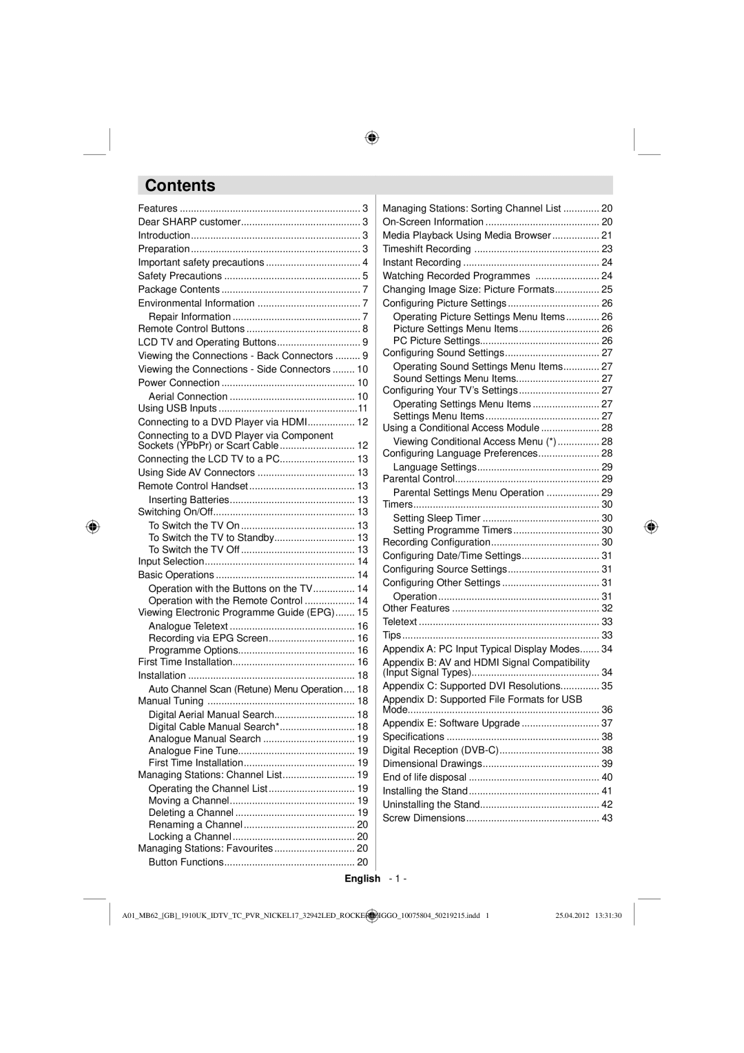 Sharp LC-32LE240E operation manual Contents 