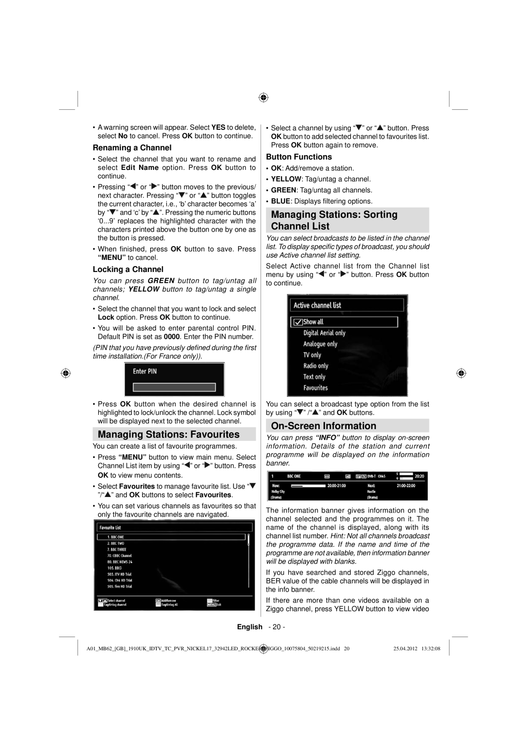 Sharp LC-32LE240E Managing Stations Favourites, Managing Stations Sorting Channel List, On-Screen Information 