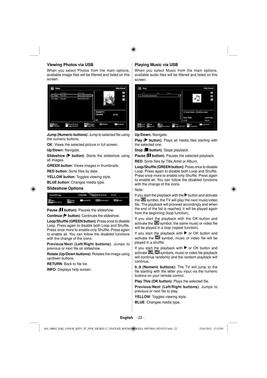 Sharp LC-32LE240E operation manual Viewing Photos via USB, Slideshow Options, Playing Music via USB, Up/Down Navigate 