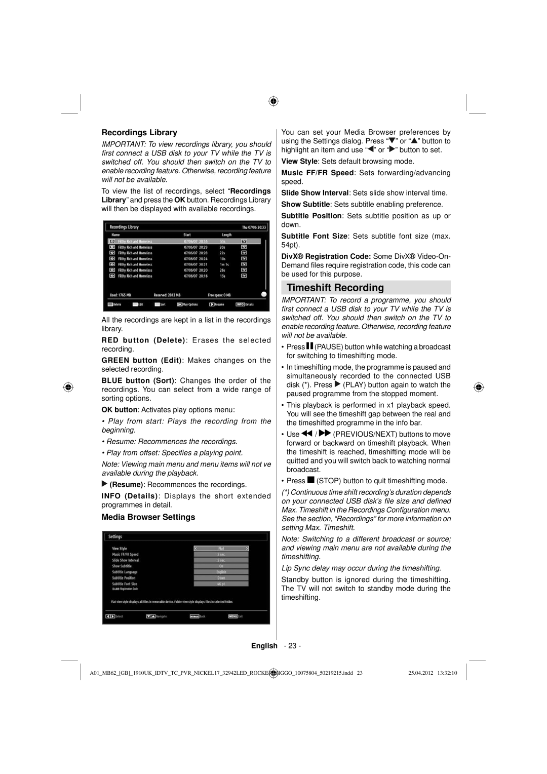 Sharp LC-32LE240E operation manual Timeshift Recording, Recordings Library, Media Browser Settings 